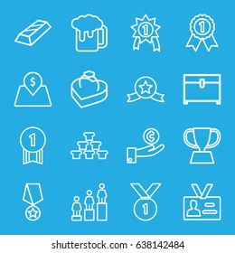 Gold icons set. set of 16 gold outline icons such as chest, ranking, badge, ring in box, lot price, trophy, beer mug, number 1 medal, medal with star, hand on coin