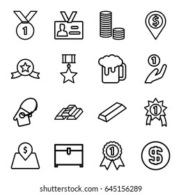 Gold icons set. set of 16 gold outline icons such as chest, badge, lot price, home key tag, dollar coin, beer mug, number 1 medal, medal with star, coin on hand, coin