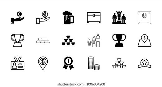Gold icons. set of 18 editable filled and outline gold icons: hand on coin, gold, trophy, number 1 medal, chest, coin, dollar location, badge, lot price, medal with star