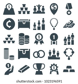 Gold icons. set of 25 editable filled gold icons such as necklace, chest, ranking, engagement ring, coin, lot price, trophy, number 1 medal, medal with star, coin on hand