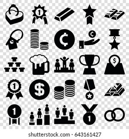 Gold icons set. set of 25 gold filled icons such as ranking, beer mug, ring in box, lot price, home key tag, coin, trophy, dollar coin, number 1 medal, medal with star