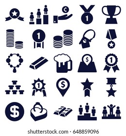 Gold icons set. set of 25 gold filled icons such as necklace, gold, ranking, beer mug, ring in box, lot price, home key tag, coin, trophy, dollar coin, number 1 medal