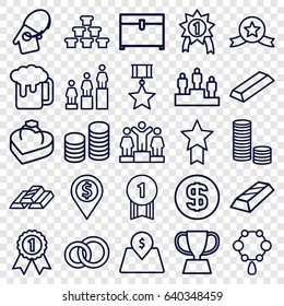 Gold icons set. set of 25 gold outline icons such as necklace, chest, ranking, ring in box, lot price, home key tag, coin, dollar coin, trophy, beer mug, number 1 medal