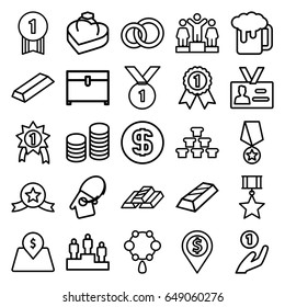 Gold icons set. set of 25 gold outline icons such as necklace, chest, ranking, badge, ring in box, lot price, home key tag, coin, dollar coin, beer mug, number 1 medal