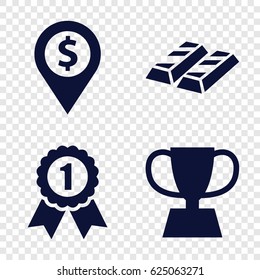 Gold icons set. set of 4 gold filled icons such as trophy, number 1 medal, dollar location
