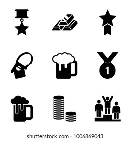 Gold icons. set of 9 editable filled gold icons such as beer mug, coin, home key tag, number 1 medal, medal with star, gold bar
