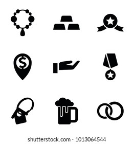 Gold icons. set of 9 editable filled gold icons such as necklace, home key tag, medal with star, beer mug, engagement ring, hand on coin, dollar location