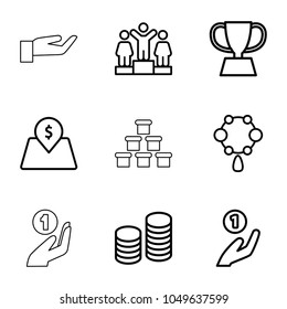 Gold icons. set of 9 editable outline gold icons such as necklace, ranking, coin on hand, lot price, coin, trophy, hand on coin