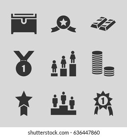 Gold icons set. set of 9 gold filled icons such as chest, ranking, number 1 medal, medal with star, coin