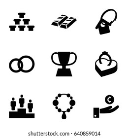 Gold icons set. set of 9 gold filled icons such as necklace, ring in box, home key tag, trophy, ranking, hand on coin, gold