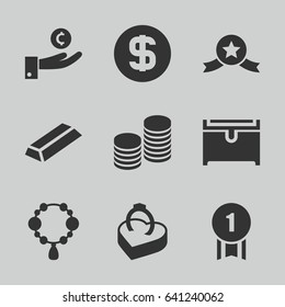 Gold icons set. set of 9 gold filled icons such as necklace, gold, chest, ring in box, coin, dollar coin, number 1 medal, medal with star