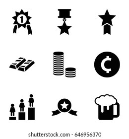 Gold icons set. set of 9 gold filled icons such as ranking, beer mug, number 1 medal, medal with star, coin