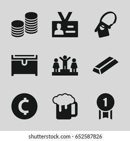 Gold icons set. set of 9 gold filled icons such as gold, chest, ranking, beer mug, badge, home key tag, coin