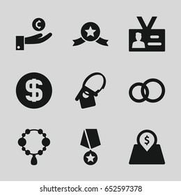 Gold icons set. set of 9 gold filled icons such as necklace, badge, lot price, home key tag, dollar coin, medal with star, hand on coin