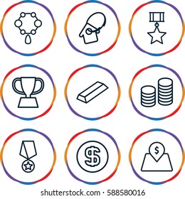 gold icons set. Set of 9 gold outline icons such as necklace, gold, lot price, home key tag, coin, dollar coin, trophy