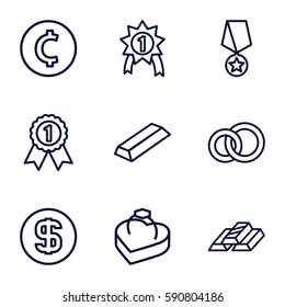 gold icons set. Set of 9 gold outline icons such as ring in box, dollar coin, number 1 medal, medal with star, coin
