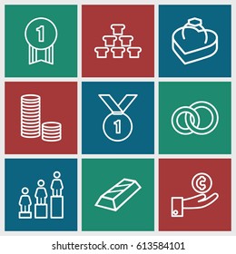 Gold icons set. set of 9 gold outline icons such as ranking, ring in box, number 1 medal, hand on coin, coin, gold