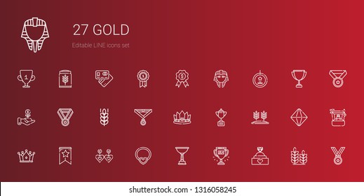 gold icons set. Collection of gold with engagement ring, trophy, necklace, earrings, banner, crown, wheat, medal, investment, best seller, egyptian. Editable and scalable gold icons.