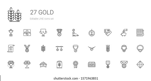 gold icons set. Collection of gold with medal, chest, wheat, crown, trophy, necklace, rings, marriage, debit card, best seller, seal, minerals. Editable and scalable gold icons.