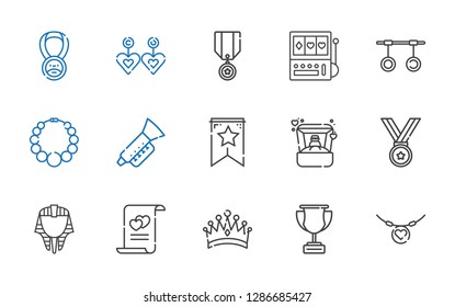 gold icons set. Collection of gold with necklace, trophy, crown, marriage, egyptian, medal, ring, banner, trumpet, rings, slot machine, earrings. Editable and scalable gold icons.