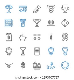 gold icons set. Collection of gold with necklace, investment, wheat, medal, egyptian, engagement ring, trophy, rings, piggy bank, minerals, slot machine. Editable and scalable gold icons.