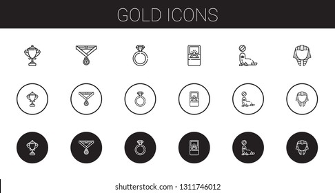 gold icons set. Collection of gold with trophy, medal, engagement ring, seal, egyptian. Editable and scalable gold icons.