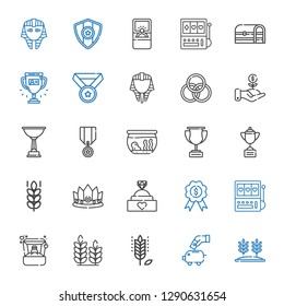 gold icons set. Collection of gold with wheat, piggy bank, ring, slot machine, medal, engagement ring, crown, trophy, fishbowl, investment, rings. Editable and scalable gold icons.