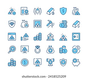 Gold icons set. Vector line icons. Blue color outline stroke symbols. Modern concepts
