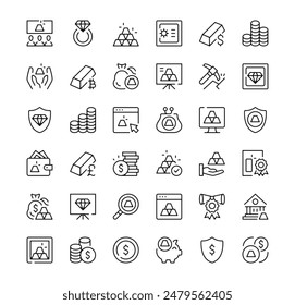 Gold icons set. Vector line icons. Black outline stroke symbols