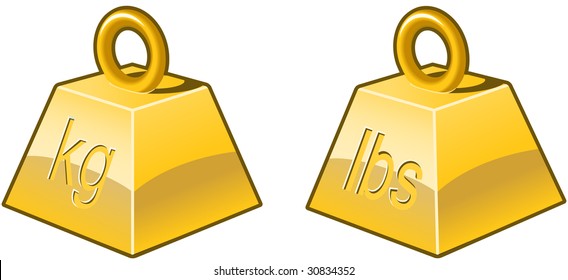 Gold icons or symbols meaning "heavy", in both kilograms (kg) and pounds (lbs). RGB  color.