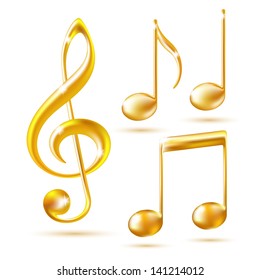 Gold icons of a Treble clef and music notes. Vector illustration.