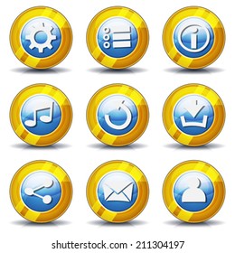 Gold Icons For Ui Game/ Illustration of a set of cartoon comic gold ui game icons and buttons elements, with main user interface app functions