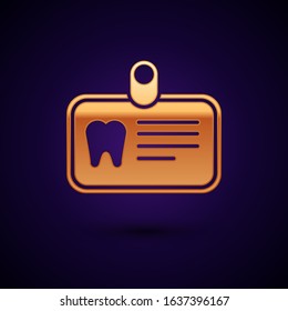 Gold Id card with tooth icon isolated on dark blue background.  Vector Illustration