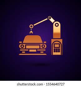 Gold Industrial machine robotic robot arm hand on car factory icon isolated on dark blue background. Industrial automation production automobile.  Vector Illustration
