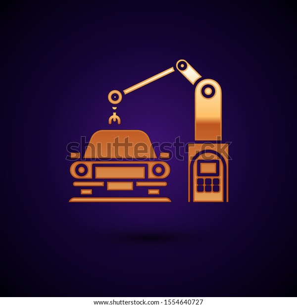 Gold Industrial machine\
robotic robot arm hand on car factory icon isolated on dark blue\
background. Industrial automation production automobile.  Vector\
Illustration