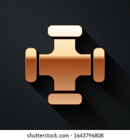 Gold Industry metallic pipe icon isolated on black background. Plumbing pipeline parts of different shapes. Long shadow style. Vector Illustration