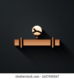 Gold Industry metallic pipe and manometer icon isolated on black background. Long shadow style. Vector Illustration