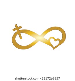 Gold infinity symbol with heart and cross isolated on white background. Eternal divine love, Christian symbol.