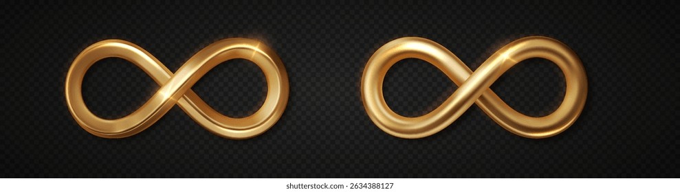 Gold infinity symbol set on dark backdrop. Elegant and modern 3D design of the infinite loop icon
