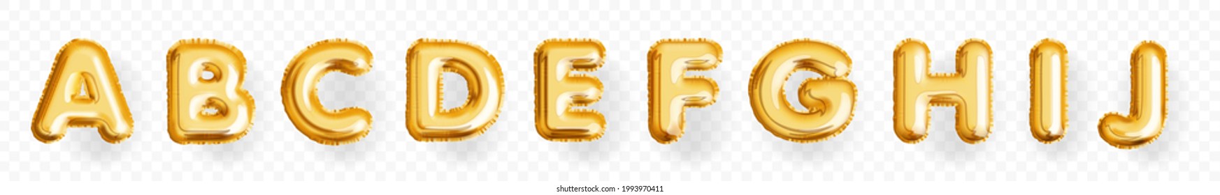 Gold inflatable toy balloon font letter from A to J realistic set. Children birthday party decorative element. Holiday alphabet for greeting lettering vector illustration isolated on white background