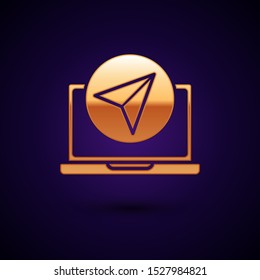 Gold Infographic of city map navigation icon isolated on dark blue background. Laptop App Interface concept design. Geolacation concept.  Vector Illustration