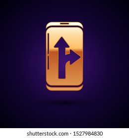 Gold Infographic of city map navigation icon isolated on dark blue background. Mobile App Interface concept design. Geolacation concept.  Vector Illustration