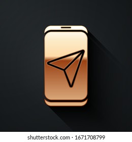 Gold Infographic of city map navigation icon isolated on black background. Mobile App Interface concept design. Geolacation concept. Long shadow style. Vector Illustration