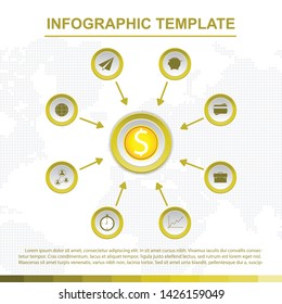 Gold infographic template with 9 titles, Diagram with steps, business data presentation. Vector infographic. 