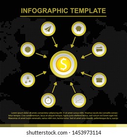 Gold infographic template with 9 titles, Diagram with steps, business data presentation. Vector infographic. 