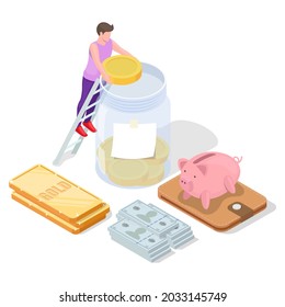 Gold ingot, cash, piggy bank, man putting dollar coin in glass jar, flat vector isometric illustration. Financial investment concept.