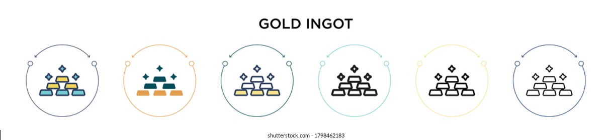 Gold ingot icon in filled, thin line, outline and stroke style. Vector illustration of two colored and black gold ingot vector icons designs can be used for mobile, ui, web