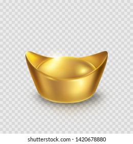 Gold ingot isolated on transparent background. Chinese gold money icon. Vector golden element design.
