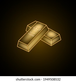 Gold ingot neon icon.Stock of precious metals.Banking topics.Business concept.Isometry.3D.Vector glowing illustration.