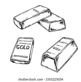 Gold ingots, bars set. Concept business success, financial growth.Vector illustration in sketch style isolated on white background